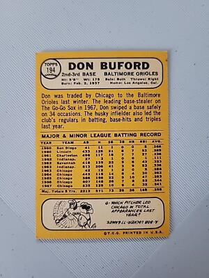 1968 Topps Don Buford # 194 Baltimore Orioles Baseball Card C6 | eBay