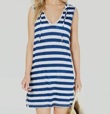  39 Miken Swim Women's Blue Striped Sleeveless Hooded Cover-Up Dress Size S