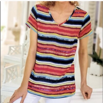Soft Surroundings Striped Sequined Colorista Tunic Woman s Sz MP Bling Sparkle