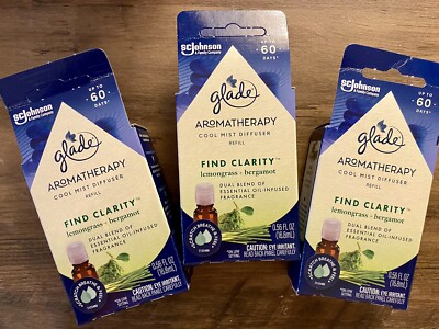 3 GLADE Aromatherapy COOL MIST DIFFUSER FIND CLARITY Lemongrass Bergamot REFILL
