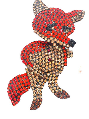 Figural Mr. Baxter, Fox Bettina von Walhof Brooch Rhinestone Inset Mechanical