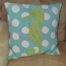 Green Seahorse Hook Pillow Cover Blue Cream Dots Back Zipper Beach Coastal Sea