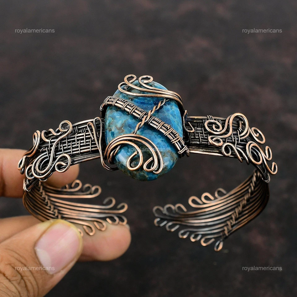 Brazalete Brazalete Cobre Neón Apatita Piedras Preciosas Envoltura Artesanal Boho Esposa Foto 4 de 4