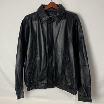 Vintage North Crest Mens Jacket Coat Large Black Leather Bomber Full Zip Lined