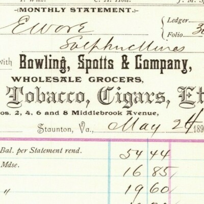 tobacco flour 1894 Scarce Bowling, Spotts & Co Tobacco Flour Billhead Letterhead  Staunton, VA