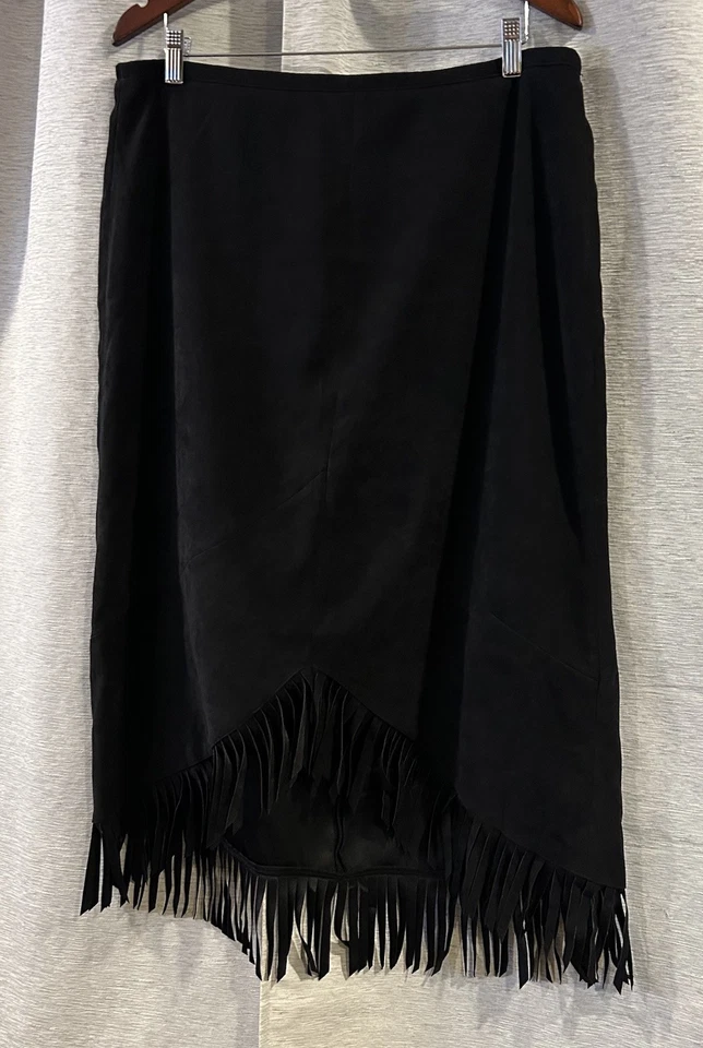 Denim & Co Skirt Black Fringe Asymmetric Faux Suede Western Ranch Large - Image 2 of 4