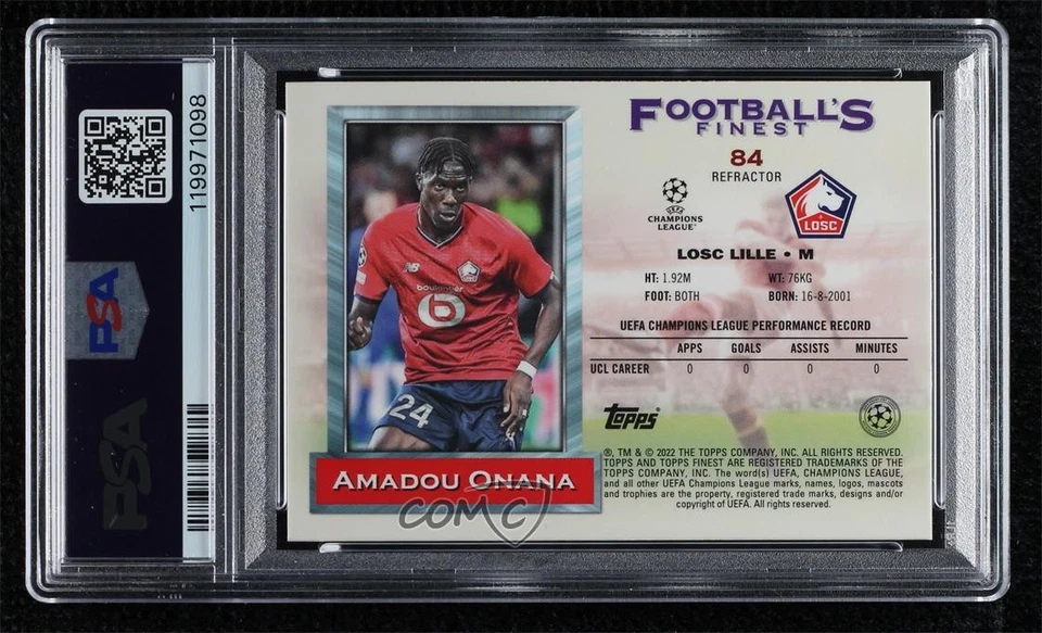 2021 Topps Finest Flashbacks UCL Refractor Amadou Onana #84 PSA 9 MINT Rookie RC - Image 2 of 2