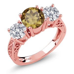 Authentic 18K Rose Gold Plated Silver Whiskey Quartz and Lab Grown Diamond Engagement