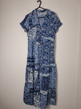 Zara 100% Cotton Paisley Print V-Neck Maxi Dress, Blue - Size XS