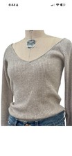 Reformation Cashmere Ribbed Vee Sweater Sz M Beige LS