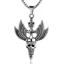 Seven Seas Pirates Skull with Crown & Wings Pendant Necklace - Stainless Steel