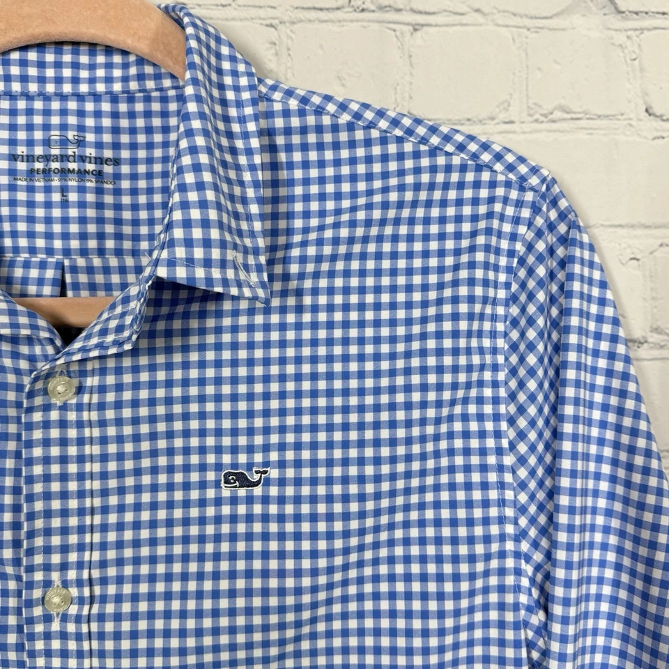 Camisa de rendimiento Vineyard Vines niños grandes cuadros azul nailon abotonada preppy Foto 3 de 4