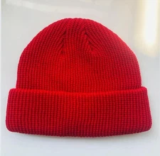 Red Mini Short Fisherman Beanie Hat Ribbed Docker Warm Knitted Skull Cap cuff