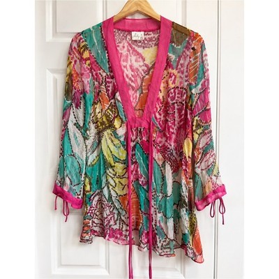 Milly 100% Silk Sheer Floral Tunic Cover Up Size Large Pink Resort Wear Boho