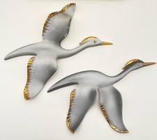 2 Vintage MCM Ceramic Birds In Flight Wall Art Matte Blue Swans Gold Trim USA
