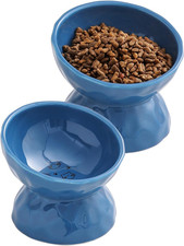 5 Inch Blue Tilted Ceramic Raised Cat Bowls Set of 2 | Elevated,Pet Food and Wat