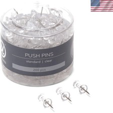 200 Clear Plastic Push Pins with Reusable Tub - Perfect for Office Classroom