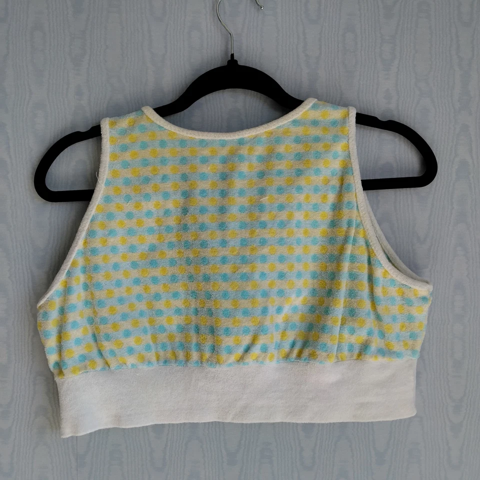 Vtg 70s Large Terry Cloth Crop Top Polka Dot Pastel Retro Festival Blue Yellow  - Image 3 of 4