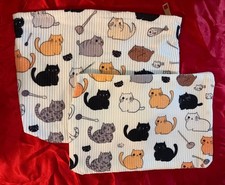 NEW TWO DUAL PACK KITTY CAT CORDUROY POUCH MAKEUP BAG ORGANIZER PENCIL CASE NIP