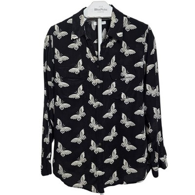 Equipment Femme 100% Silk Butterfly Print Button Down Shirt L Black Ivory Whimsy