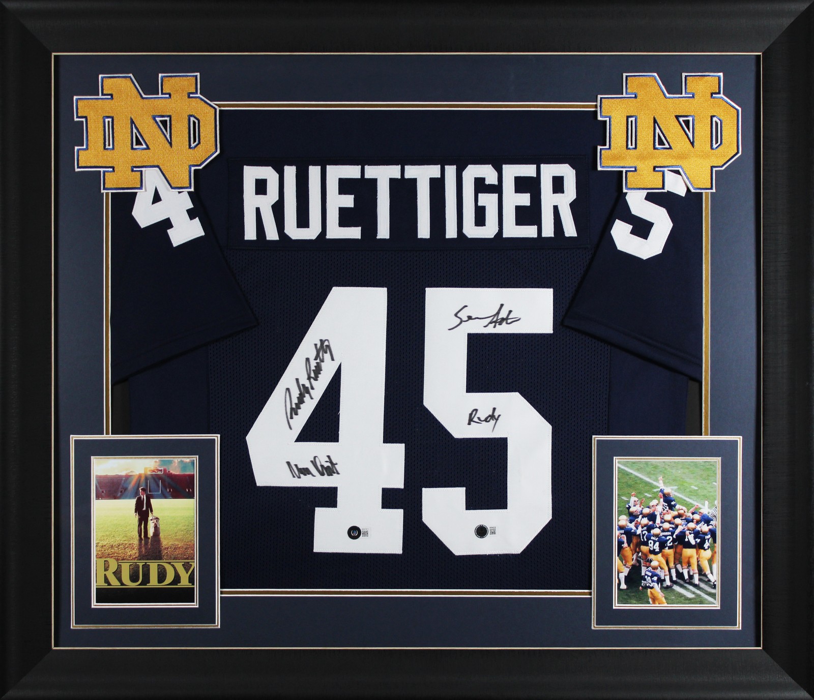 Rudy Ruettiger & Sean Astin Autographed Signed Notre Dame Fighting Irish Notre Dame Navy Pro Style Framed Jersey BAS W 