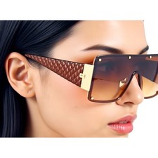Shield Sunglasses Oversized Flat Top Rivet Detail Brown Fashion Luxury Women New