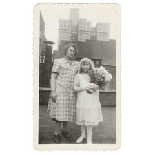 Vintage Snapshot Photo Girl First Communion Veil Flowers Mother City Rooftop