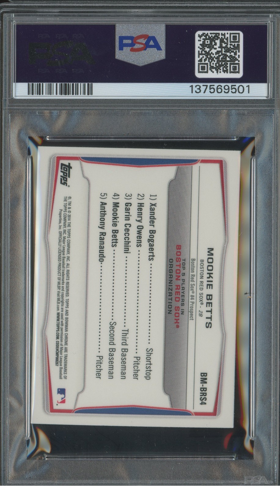 2014 Bowman Chrome Mookie Betts Mini REFRACTOR #BRS4 RC Rookie Card PSA 9 Mint view 2