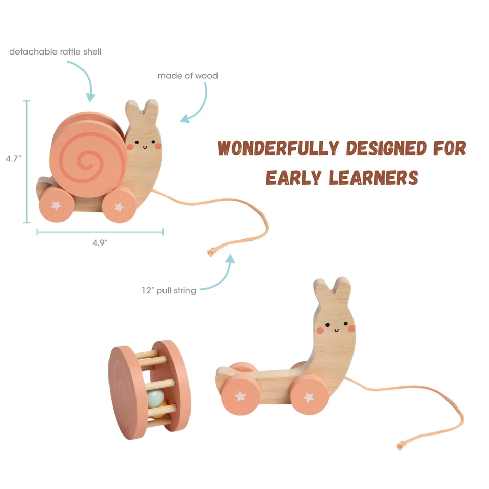 Pearhead Wooden Snail Pull Toy Infant Toddler Detachable Rattle Brand New In Box - Image 2 of 4