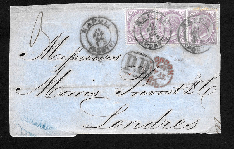 1864 Italy NAPLES Cover Front to LONDON 3x(Sa#L21🔥DLR print Sc#32)/P.D.CANCEL🔥