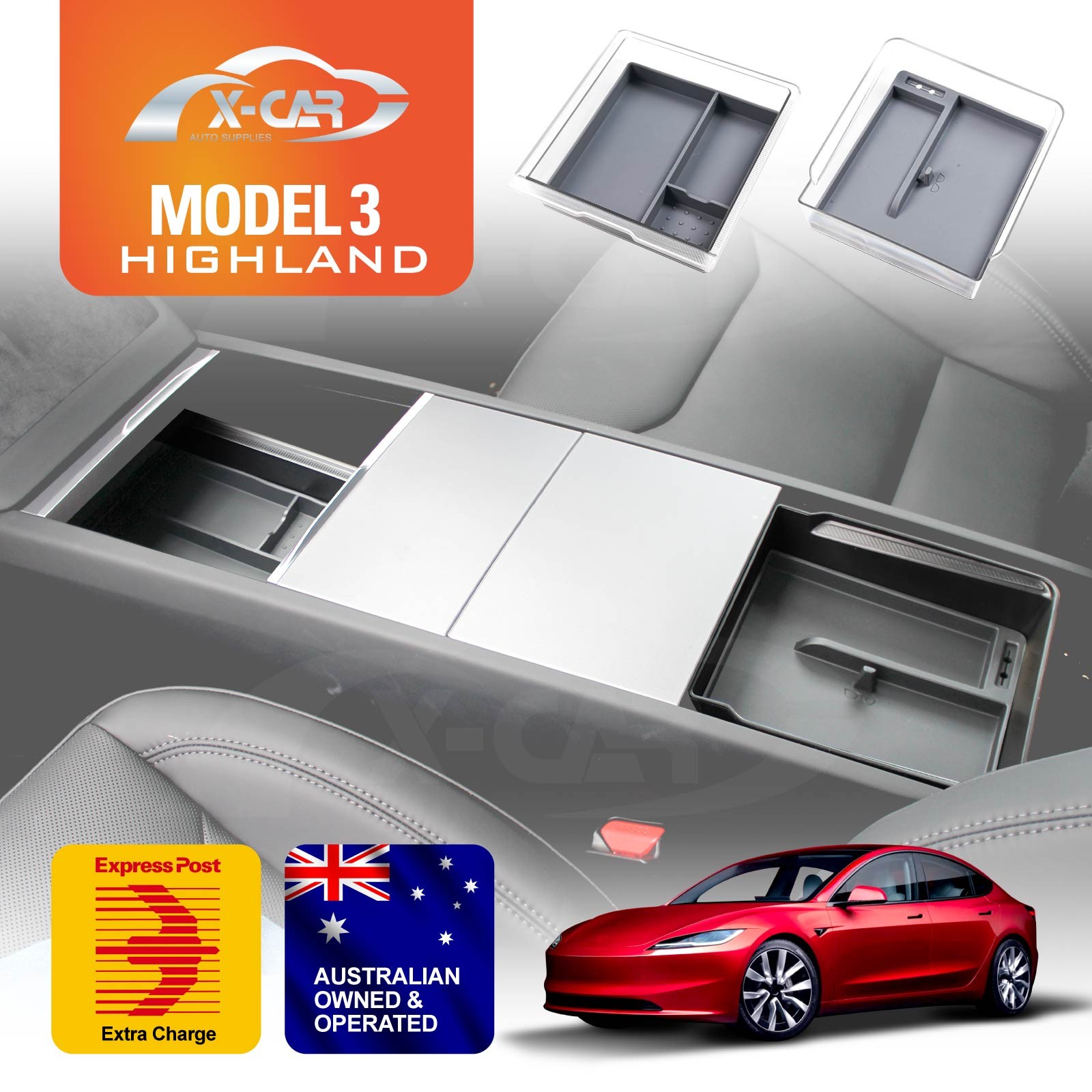 Tesla Model 3 Highland 23-25 Premium Centre Console Organizer Tray Grey Silicone