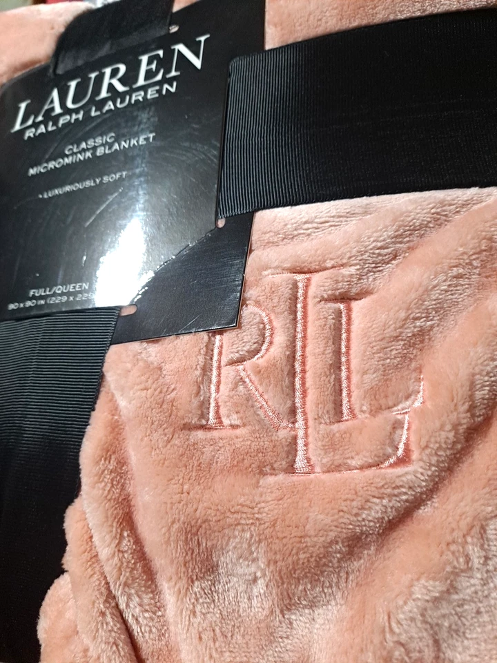 Ralph Lauren Micromink Throw Blanket Classic Full Queen 90x90" Salmon Peach Pink - Image 4 of 4