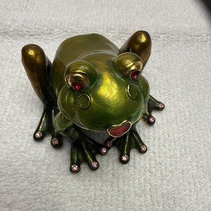 Green Jeweled Frog Trinket Box Enamel Rhinestone Hinged Jewelry Box-9i
