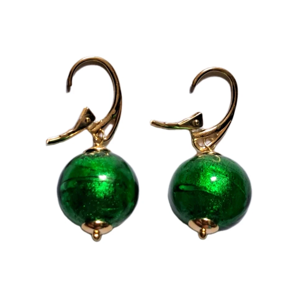 Pendientes colgantes Italia cristal verde Murano oro 18k sobre plata de ley 925 1,5" Foto 3 de 4