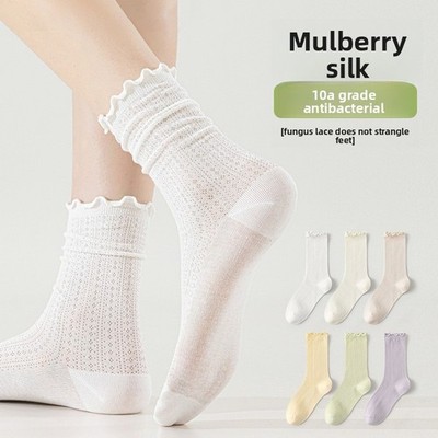 6 pairs mulberry silk socks women breathable white medium tube socks 2025