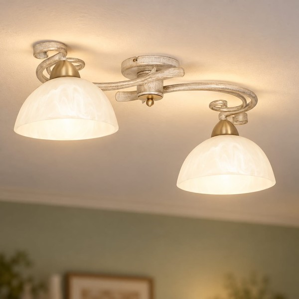 Deckenlampe Deckenleuchte Weiß Shabby 2-Flammig Glasschirm E27 KüChe Wohnzimmer-image
