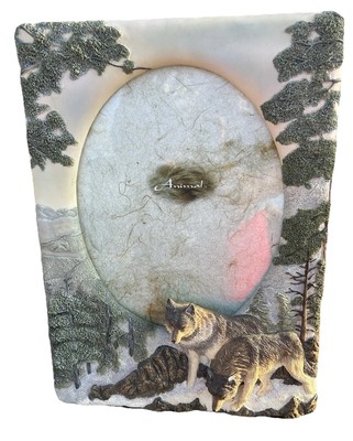 3D Resin Wolf Picture Table Frame Winter Cabin Rustic Scene Stoneware 12.5 X 9