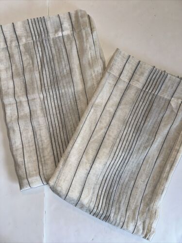 2 Curtains Ralph Lauren Ophelia Linen Black Stripe Hemstitch Drapes 54x84”