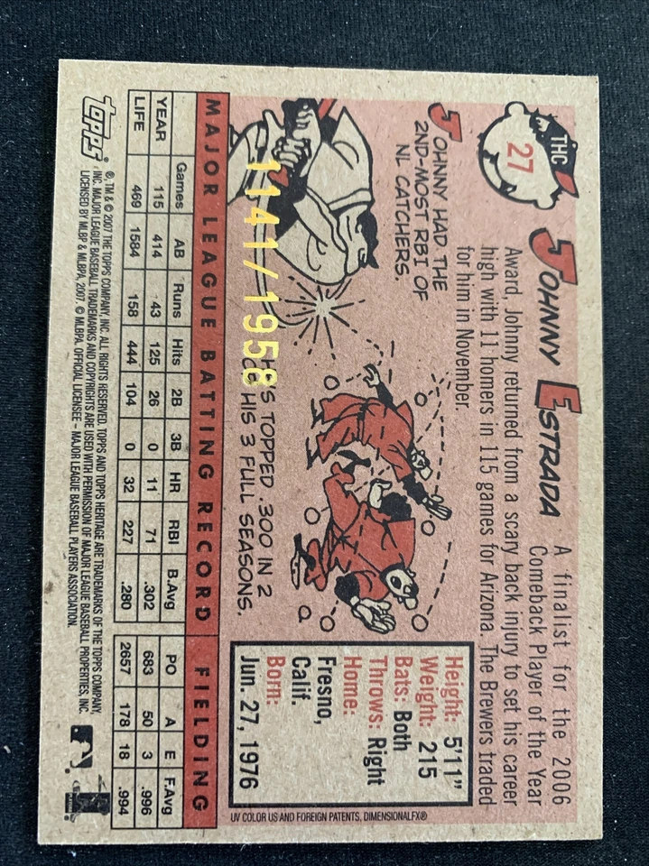 2007 Topps Heritage Chrome THC27 Johnny Estrada Brewers 1141/1958 NMMt Free Ship - Image 2 of 2