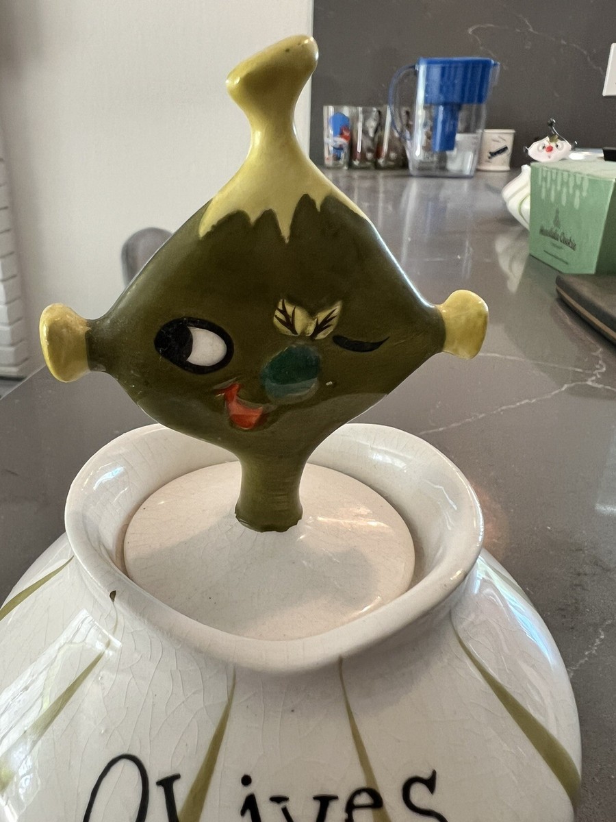 Vtg 1958 Holt Howard Pixie Ware Olives Jar w Pick Ceramic Japan