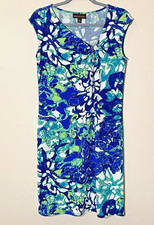 Dana Buchman DRESS Small Shift Cap Sleeve Blue Green Abstract Floral Stretch
