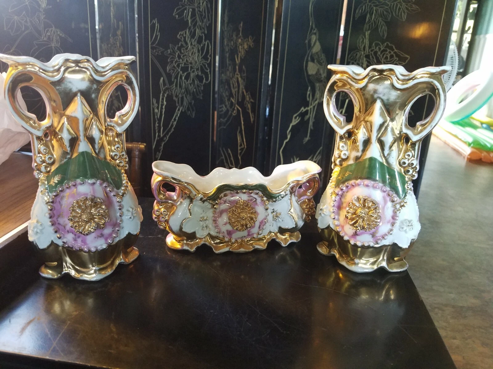 VINTAGE 3PC GOLDEN VASE SET with pink backs Made in Germany