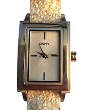 DKNY Women's 7" Rectangular Silvertone Watch Glitzy Leather Band New Battery