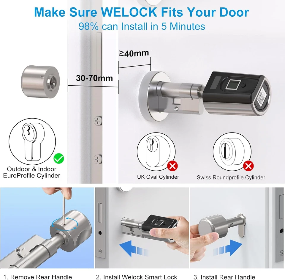 WELOCK SECBN51 Serratura Smart Serratura Impronta Digitale, Con Scheda RFID,APP  - Immagine 3 di 4