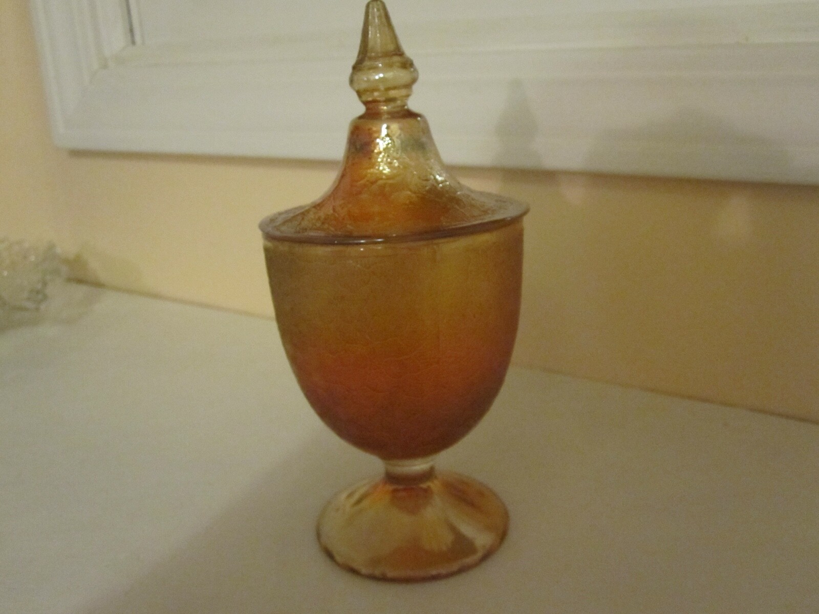 Beautiful Vintage Amber Jeanette Carnival Depression Glass Candy Dish with Lid