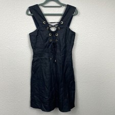 J Crew Linen Lace Up Tie Black Mini Dress Sleeveless V Neck LBD Sz 4