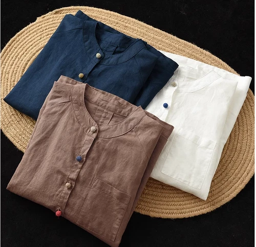 Retro Womens Cotton Linen Blouse Loose Casual Tunic Top Button Summer T-shirts - Photo 11/22