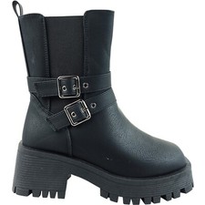 new womens ladies mid block heel chunky sole biker casual chelsea ankle boots