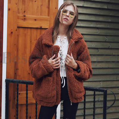 Women Long Sleeve Zip Up Faux Shearling Shaggy Oversize Coat