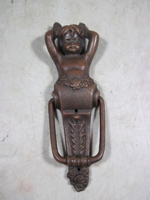 Vintage Cast Iron Cherub Sleeping Baby Hands Up Door Knocker 
